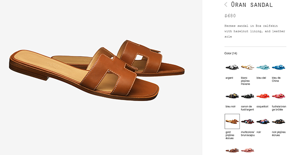 Oran Sandals được bán với giá 680 USD (khoảng 16 triệu đồng), có nhiều phiên bản màu sắc khác nhau.