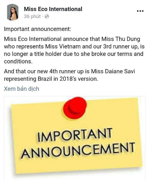 Thư Dung bị thu hồi danh hiệu Á hậu Miss Eco International